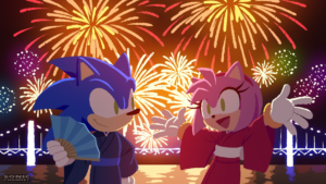 Fourth Imagine - Sonic Traveling to Asia Illustration Released: Sonic and Amy Watch the Fireworks