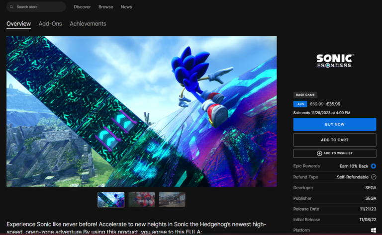 Sonic Frontiers Now Available on Epic Games Store