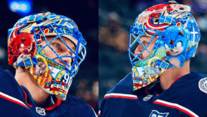 NHL Goalie Elvis Merzļikins Debuts Stunning Sonic and Knuckles Mask Designed for His Son