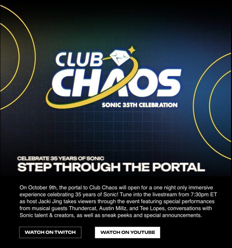 Read more about the article Club Chaos Livestream Set for October 9 With Sonic “Sneak Peeks and Special Announcements”
