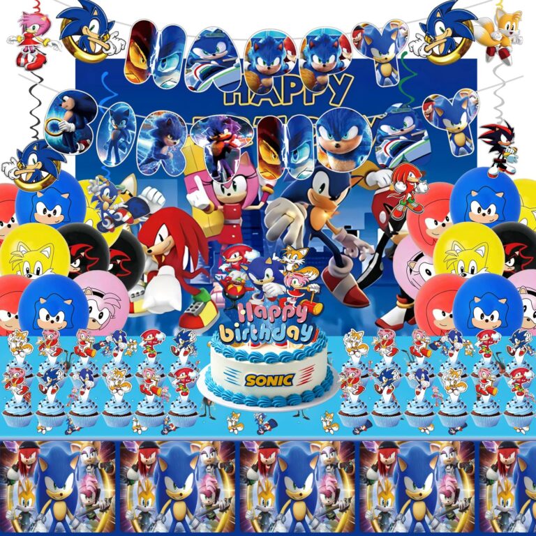 For Sonic Party Supplies, 49 PCS Birthday Decorations Set Include Banner, Balloons,, Hanging Swirls, Cake Cupcake Toppers, Tablecloth for Boys Girls Sonic Theme Party