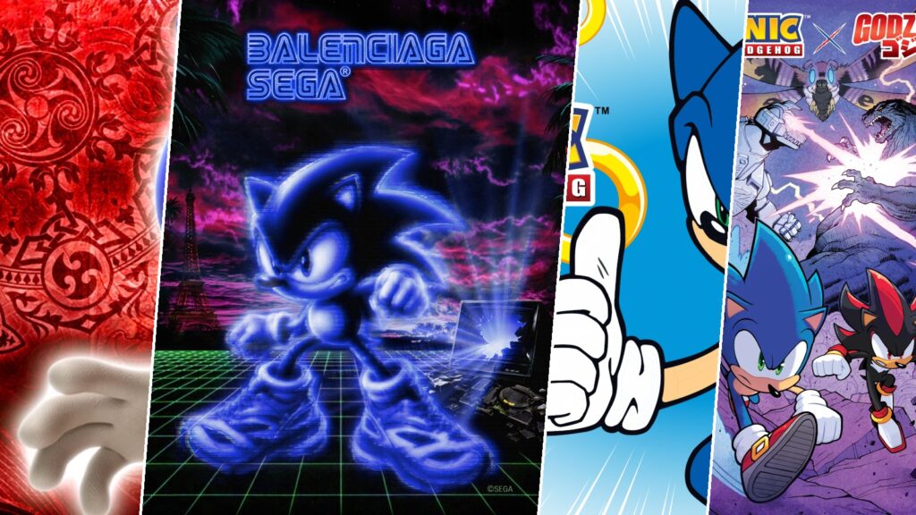 Sonic News Weekly collage featuring Balenciaga and SEGA Launch Sonic Fashion Collection With Japan-Exclusive Jacket and Sonic the Fighters Arcade Cabinet